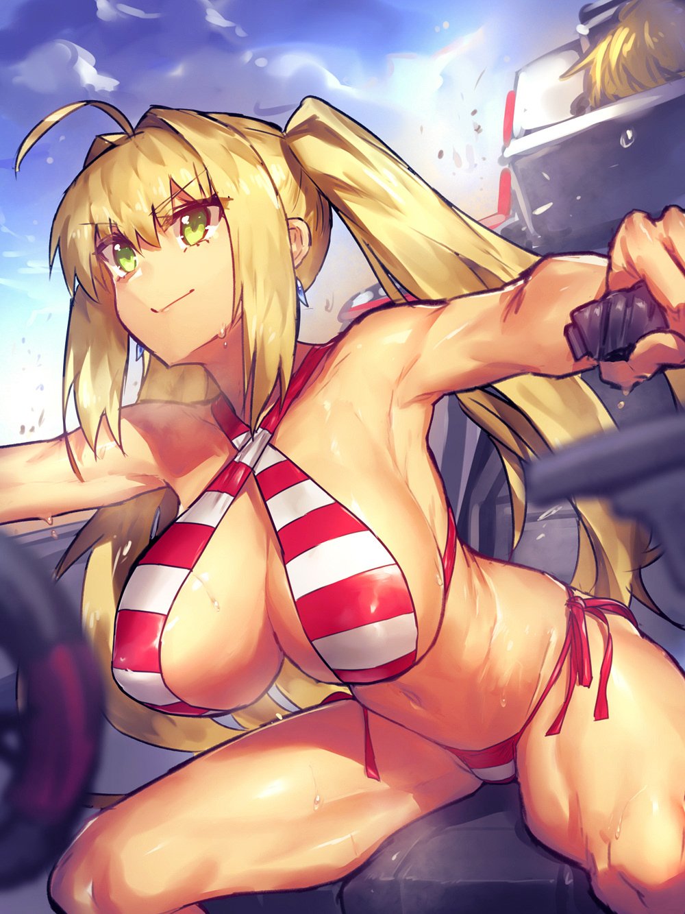 2girls ahoge armpits artoria_pendragon_(all) blonde_hair breasts driving earrings fate/grand_order fate_(series) green_eyes highres jewelry large_breasts melon22 midriff multiple_girls navel nero_claudius_(swimsuit)_(fate) saber_alter saber_extra solo_focus striped striped_swimsuit sweat swimsuit twintails