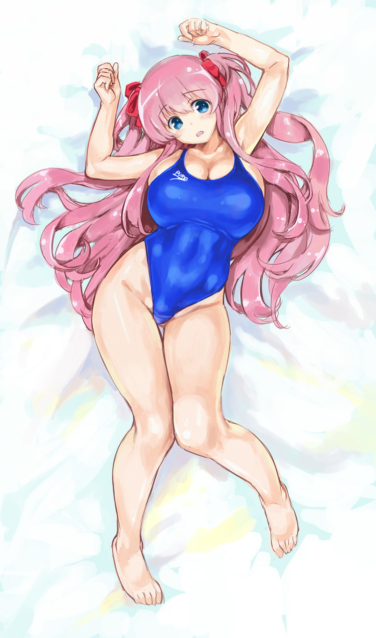 1girl bare_arms bare_legs bare_shoulders barefoot blue_eyes blush breasts cleavage competition_swimsuit full_body hair_ribbon haramura_nodoka highleg highleg_swimsuit highres huge_breasts kiyama_satoshi long_hair looking_at_viewer lying on_back one-piece_swimsuit parted_lips pink_hair red_ribbon ribbon saki solo swimsuit thigh_gap two_side_up very_long_hair