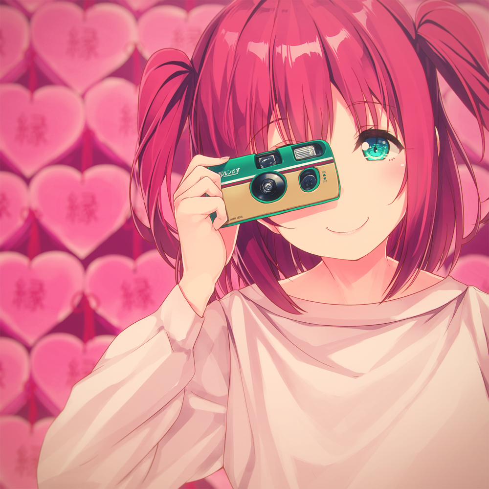 1girl aqua_eyes bangs blurry blurry_background camera commentary_request heart heart_background holding holding_camera kurosawa_ruby long_sleeves looking_at_viewer love_live! love_live!_sunshine!! pink_background redhead siva_(executor) smile solo twintails two_side_up upper_body