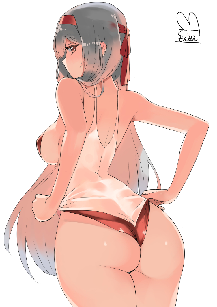 1girl artist_name artist_signature ass backboob bad_proportions bikini breasts brown_eyes from_behind grey_hair hair_between_eyes headband kantai_collection large_breasts long_hair looking_at_viewer one-piece_swimsuit red_bikini red_headband red_swimsuit see-through sensen shoukaku_(kantai_collection) signature silver_hair simple_background solo swimsuit upper_body very_long_hair white_background white_tank_top