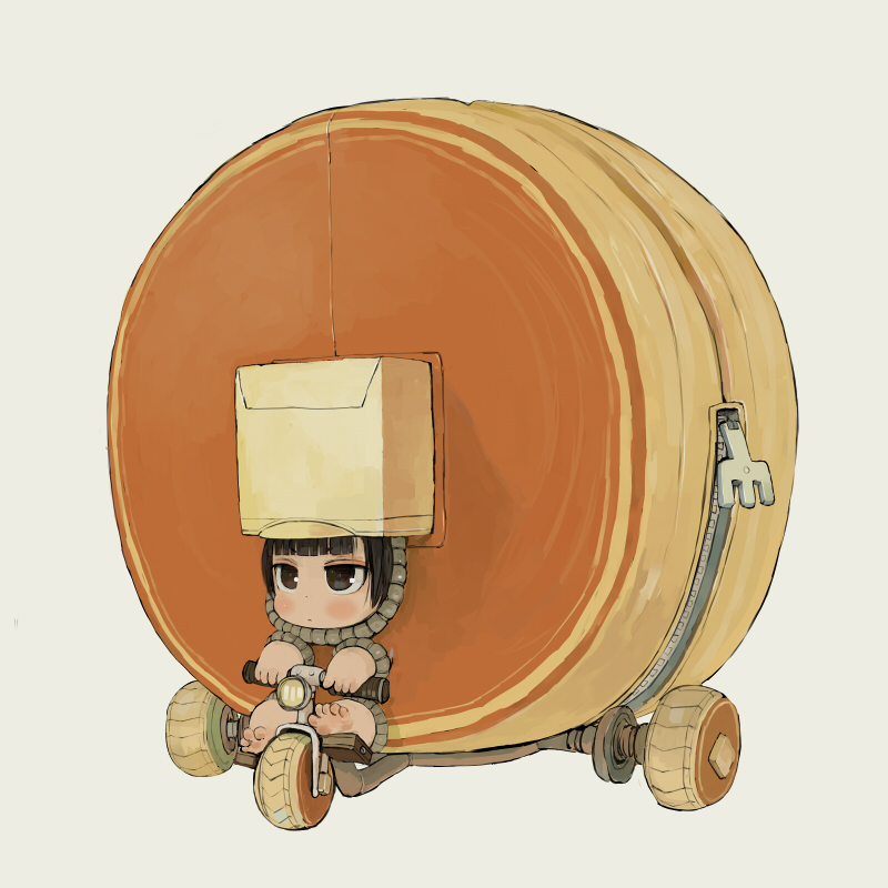 1girl barefoot black_eyes black_hair blush closed_mouth commentary_request dot_nose ebimomo expressionless food humanization looking_afar morinaga_(brand) original pancake pedal solo tricycle wheel zipper