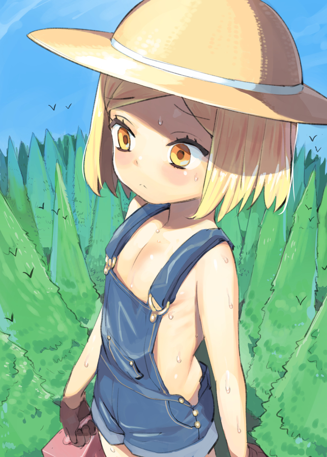 1girl blonde_hair blush brown_hair fate/grand_order fate_(series) flat_chest forest giantess hat henry_bird_9 naked_overalls nature orange_eyes overalls paul_bunyan_(fate/grand_order) short_hair solo sweat