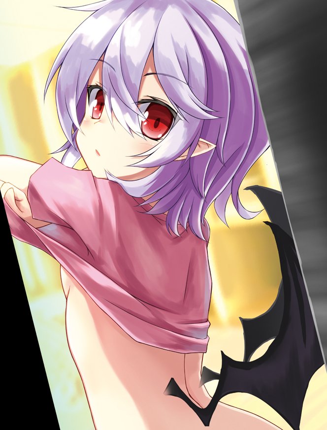 1girl akisome_hatsuka bat_wings breasts commentary_request from_behind lavender_hair looking_at_viewer no_bra pink_shirt pointy_ears red_eyes remilia_scarlet shirt small_breasts solo touhou undressing upper_body wings