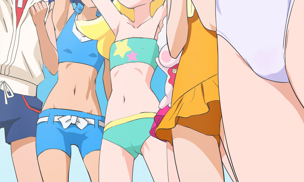 5girls arisugawa_himari armpits arms_up bikini blonde_hair blue_bikini blue_hair green_bikini haruyama_kazunori head_out_of_frame kenjou_akira kirahoshi_ciel kirakira_precure_a_la_mode long_hair multiple_girls navel orange_swimsuit precure star swimsuit tategami_aoi usami_ichika