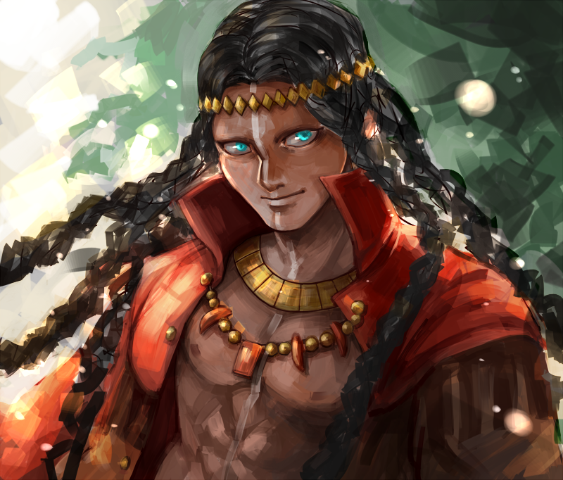 1boy abs black_hair blue_eyes braid circlet dark_skin fate/grand_order fate_(series) geronimo_(fate/grand_order) jewelry leaf long_hair male_focus necklace shirtless solo tattoo