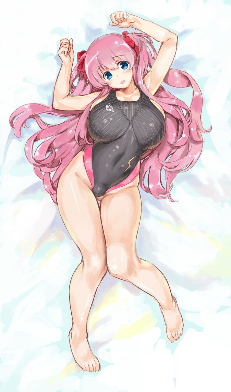 1girl bare_arms bare_legs bare_shoulders barefoot blue_eyes blush breasts cleavage competition_swimsuit full_body hair_ribbon haramura_nodoka highleg highleg_swimsuit highres huge_breasts kiyama_satoshi long_hair looking_at_viewer lying on_back one-piece_swimsuit parted_lips pink_hair red_ribbon ribbon saki solo swimsuit thigh_gap two_side_up very_long_hair