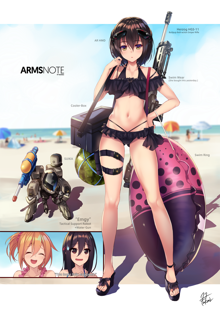 3girls :d ^_^ assault_rifle beach bikini black_bikini blue_sky blurry breasts closed_eyes clouds cloudy_sky contrapposto day depth_of_field engrish food fruit fukai_ryousuke full_body gluteal_fold gun hair_between_eyes hair_ornament hairclip halterneck hand_on_hip headgear highres holster innertube multi-strapped_bikini multiple_girls navel open_mouth orange_hair original outdoors parted_lips ponytail ranguage red_eyes rifle robot sandals short_hair sky small_breasts smile sweatdrop swimsuit thigh_holster water_gun watermelon weapon yellow_eyes