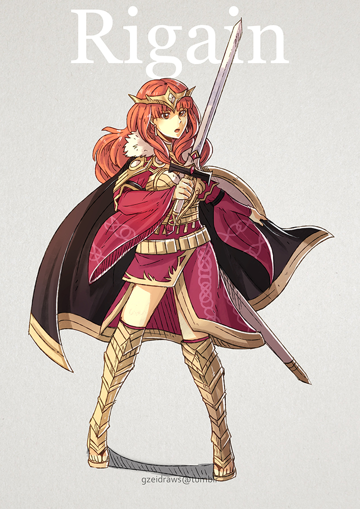 1girl cape celica_(fire_emblem) crown english fire_emblem fire_emblem_echoes:_mou_hitori_no_eiyuuou fire_emblem_gaiden full_body grey_background gzei holding long_hair red_eyes redhead simple_background solo sword weapon