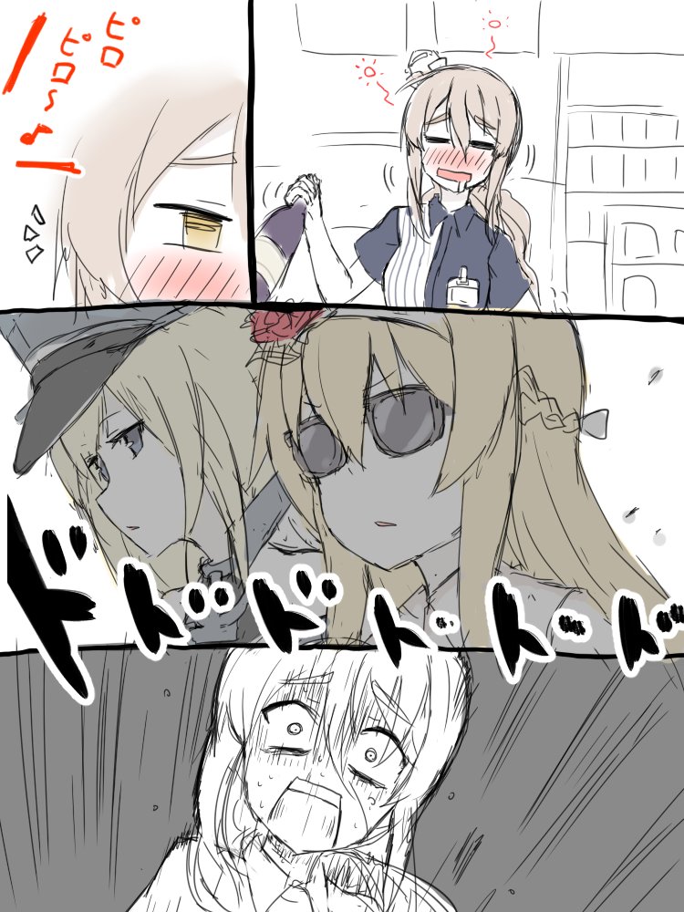 3girls =_= alternate_costume atsushi_(aaa-bbb) bismarck_(kantai_collection) blonde_hair blush bottle braid breasts closed_eyes collared_shirt comic commentary_request drunk employee_uniform eyebrows_visible_through_hair flower french_braid grey_hair hair_between_eyes hair_ornament hair_ribbon hairband hat holding holding_bottle kantai_collection lawson long_hair military military_hat mini_hat multiple_girls name_tag open_mouth parted_lips peaked_cap pola_(kantai_collection) red_rose ribbon rose round_teeth saliva shirt short_sleeves sunglasses surprised teeth uniform warspite_(kantai_collection)