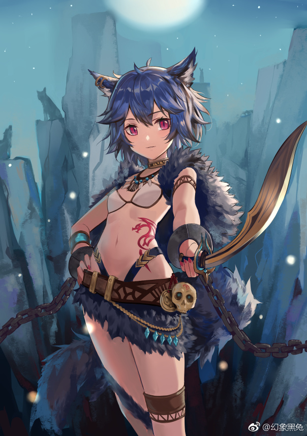 animal_ears belt bikini_top blue_hair breasts chains choker copyright_request cuffs earrings hand_on_hip huanxiang_heitu jewelry looking_at_viewer nail_polish navel necklace outdoors parted_lips pink_eyes pointing_weapon saber_(weapon) shackles short_hair skirt skull slit_pupils small_breasts sword tattoo thigh_strap watermark weapon white_bikini_top