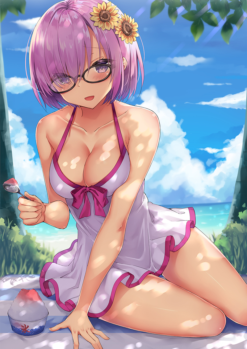 1girl :d arm_support beach black-framed_eyewear blue_sky blush breasts casual_one-piece_swimsuit cleavage clouds cloudy_sky collarbone commentary day eyes_visible_through_hair fate/grand_order fate_(series) flower glasses hair_flower hair_ornament hair_over_one_eye head_tilt holding holding_spoon horizon lavender_hair looking_at_viewer medium_breasts ocean one-piece_swimsuit open_mouth outdoors rong_yi_tan shaved_ice shielder_(fate/grand_order) short_hair sitting sky smile solo summer sunflower sunlight swimsuit tree violet_eyes yokozuwari