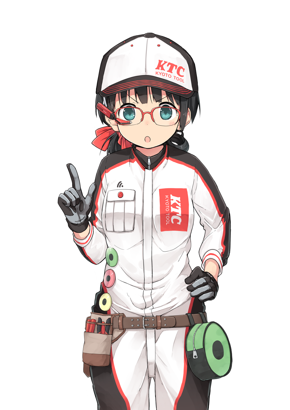 &gt;:o 1girl :o baseball_cap belt black_hair blue_eyes glasses gloves hat highres jumpsuit katie-chan kyoto_tool long_hair mascot mechanic ponytail solo tools transparent_background