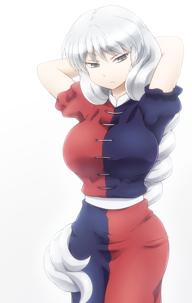 &gt;:| 1girl arms_behind_head bangs blue_dress braid breasts commentary cowboy_shot dot_nose dress eyebrows_visible_through_hair grey_eyes large_breasts long_hair looking_down puffy_sleeves red_dress shirosato short_sleeves silver_hair simple_background solo touhou very_long_hair white_background yagokoro_eirin