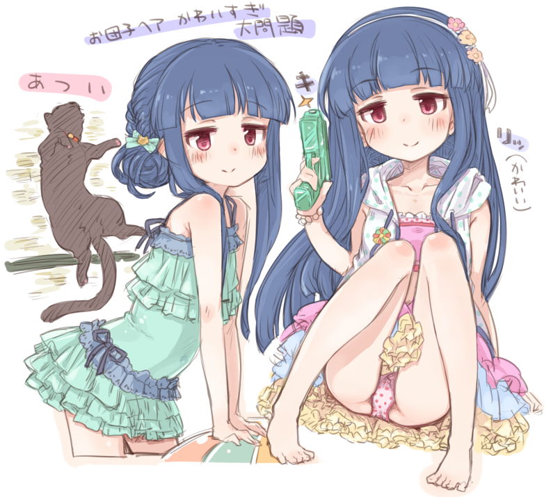 10s 1girl 7010 bangs barefoot blue_hair blunt_bangs blush bow cat commentary_request flower hair_bow hair_flower hair_ornament hairband idolmaster idolmaster_cinderella_girls long_hair looking_at_viewer one-piece_swimsuit red_eyes sajou_yukimi simple_background sitting sketch smile solo swimsuit translation_request water_gun white_background