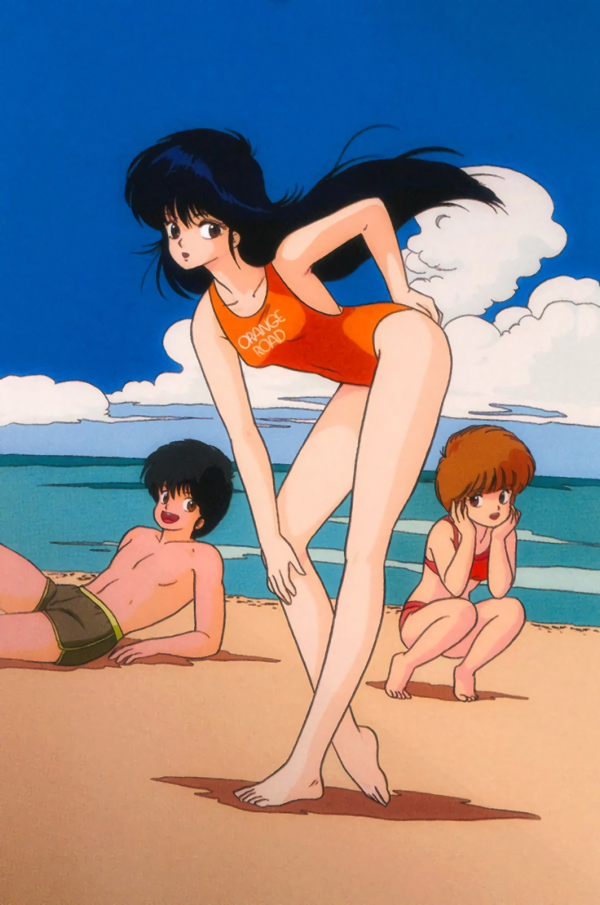 1boy 2girls 80s ayukawa_madoka barefoot beach bikini black_eyes black_hair brown_eyes brown_hair clothes_writing day hand_on_hip hand_on_own_knee hands_on_own_face hiyama_hikaru kimagure_orange_road leaning_back long_hair looking_at_viewer matsumoto_izumi multiple_girls ocean official_art oldschool one-piece_swimsuit open_mouth orange_swimsuit outdoors pose red_bikini short_hair squatting standing swimsuit