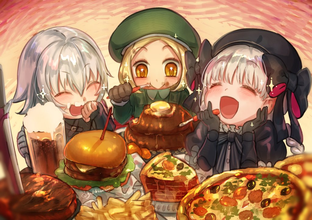 3girls assassin_of_black black_gloves blonde_hair blush closed_eyes cup fate/grand_order fate_(series) food food_on_face fork french_fries gloves hamburger mug multiple_girls nursery_rhyme_(fate/extra) open_mouth paul_bunyan_(fate/grand_order) pizza short_hair silver_hair smile sparkle yellow_eyes