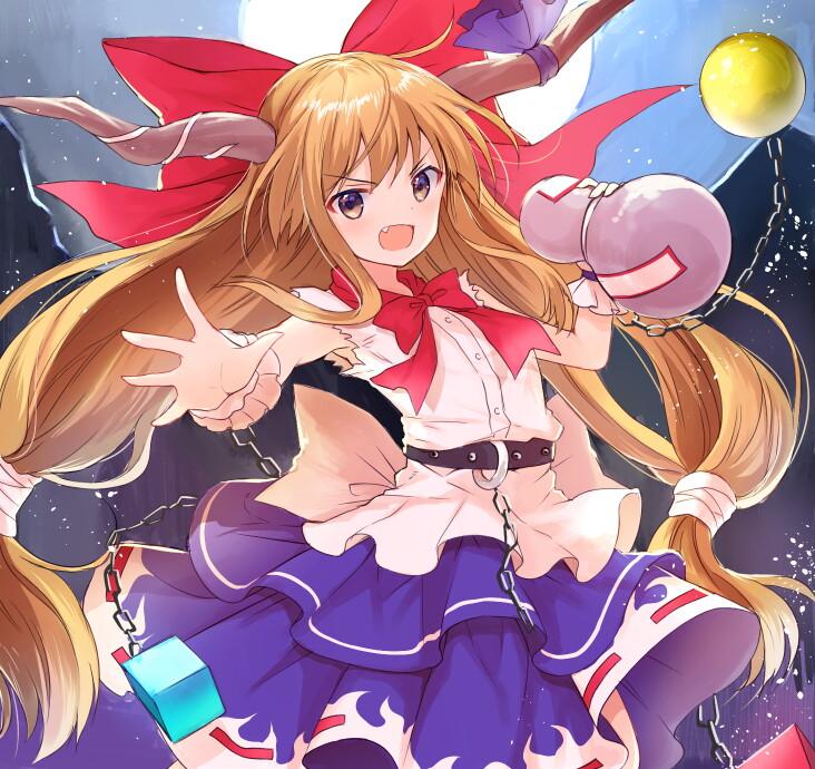 1girl bangs blush bow brown_eyes brown_hair buttons chains commentary_request cowboy_shot eyebrows_visible_through_hair fang full_moon gourd hair_bow hayama_eishi holding horn_bow horns ibuki_suika jpeg_artifacts long_hair looking_at_viewer low-tied_long_hair moon night open_mouth outstretched_hand purple_bow red_bow shirt sidelocks skirt sleeveless solo touhou very_long_hair white_shirt