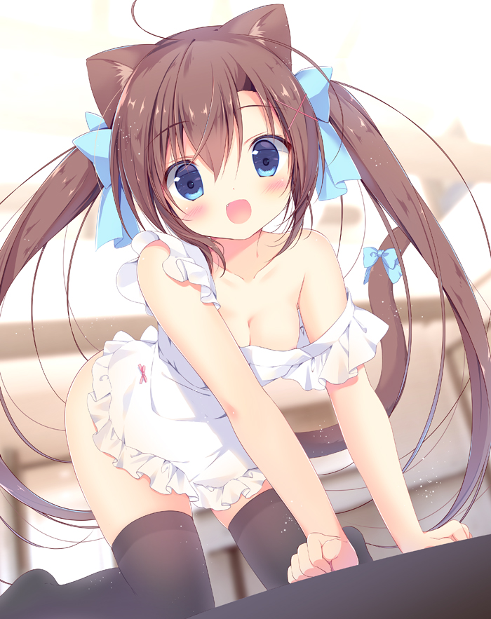 1girl :d ahohe all_fours animal_ears apron blue_eyes blurry bow breasts brown_hair cat_ears cat_tail cleavage commentary_request depth_of_field hair_bow hair_ornament hair_ribbon hairpin long_hair looking_at_viewer miyasaka_miyu naked_apron open_mouth original ribbon smile solo tail tail_ribbon thigh-highs twintails white_apron zettai_ryouiki
