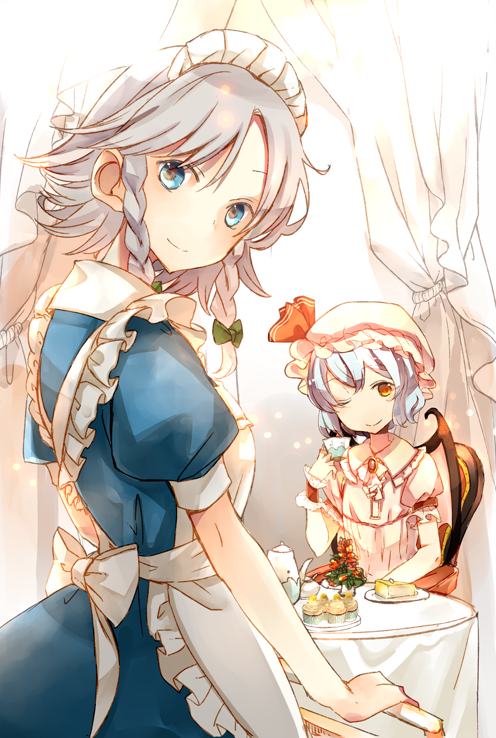 2girls apron atoki bat_wings blue_eyes blue_hair braid cake chair cup cupcake curtains food grey_hair hat highres izayoi_sakuya looking_at_viewer maid maid_apron maid_headdress mob_cap multiple_girls one_eye_closed red_eyes remilia_scarlet short_hair silver_hair sitting smile table tablecloth teacup teapot touhou twin_braids wings wrist_cuffs