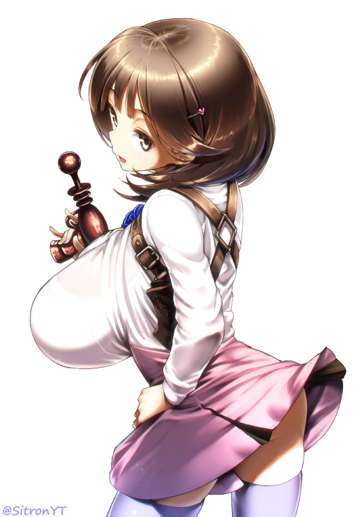 1girl ass breasts brown_eyes brown_hair energy_gun hair_ornament hairclip hand_on_hip huge_breasts impossible_clothes looking_to_the_side narusawa_ryouka occultic;nine parted_lips purple_legwear ray_gun short_hair simple_background skindentation skirt solo thigh-highs thighs twitter_username weapon white_background yuushi_tessen