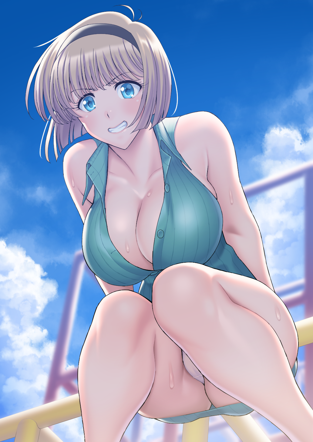 1girl arms_behind_back ass bare_shoulders blonde_hair blue_dress blue_sky blurry blush breasts cleavage collarbone commentary_request day depth_of_field dress eyebrows_visible_through_hair green_eyes hairband highres hosokawa_miki jigoku_sensei_nube large_breasts no_bra outdoors panties pantyshot parted_lips playground short_hair sky sleeveless sleeveless_dress smile solo squatting suzume_inui teeth underwear white_panties