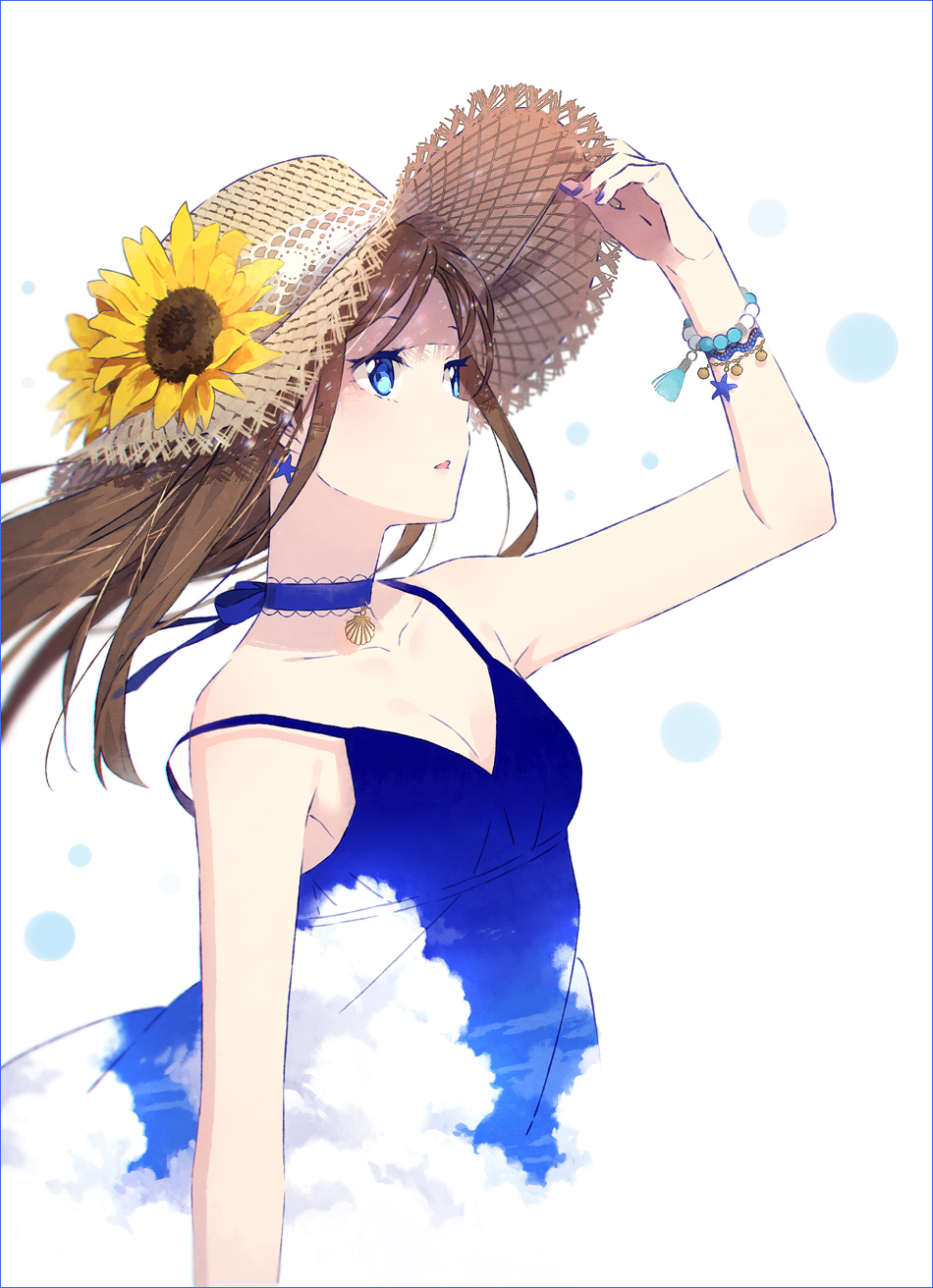 1girl arm_at_side arm_up bare_arms bare_shoulders bead_bracelet beads blue_choker blue_dress blue_nails blue_sky bracelet breasts brown_hair choker cleavage dress earrings fingernails flower from_side hakusai_(tiahszld) hand_on_headwear hat hat_flower highres jewelry long_hair looking_to_the_side nail_polish necklace open_mouth original sky sleeveless sleeveless_dress solo starfish_earrings strap_slip straw_hat sun_hat sunflower upper_body white_background