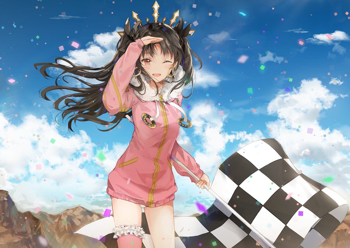 1girl alternate_costume black_hair blush checkered checkered_flag clouds cloudy_sky confetti crown dangmill earrings fate/grand_order fate_(series) flag hair_ribbon hoop_earrings ishtar_(fate/grand_order) jewelry long_hair looking_at_viewer open_mouth racequeen red_eyes ribbon sky smile solo thigh-highs tohsaka_rin twintails