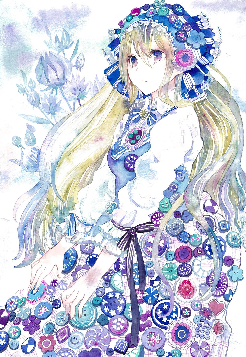 1girl badge blue_eyes blue_hat buttons dress en4xx flower hat heart highres light_brown_hair long_hair looking_to_the_side pale_skin solo traditional_media watercolor_(medium)