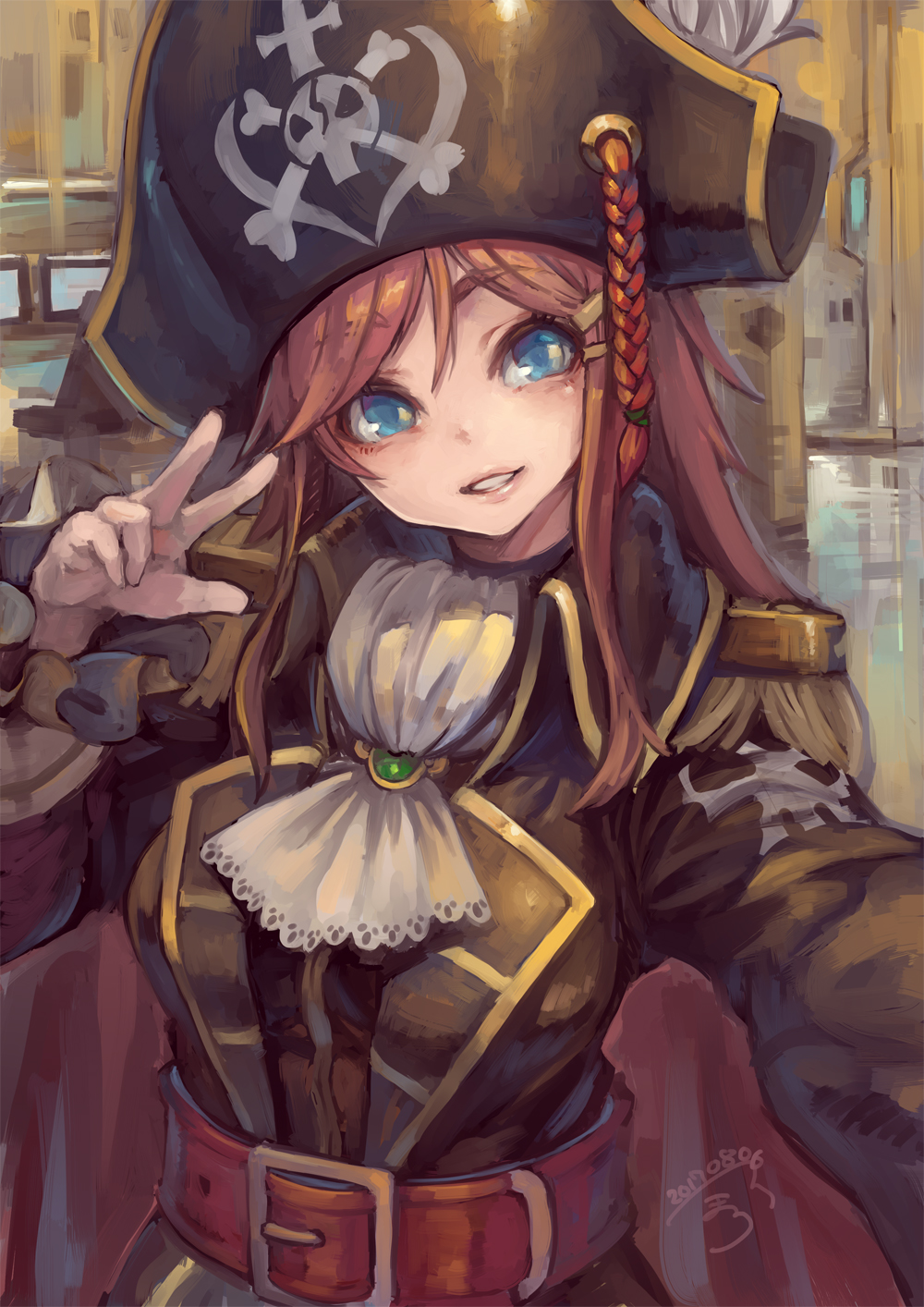 1girl belt blue_eyes braid breasts brown_hair grin hat highres katou_marika long_hair looking_at_viewer miniskirt_pirates pirate pirate_hat smile solo suzuno_(bookshelf) teeth w