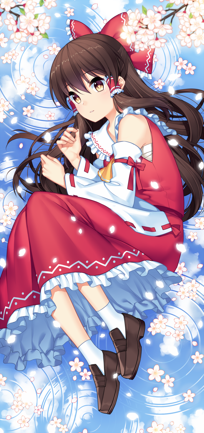 1girl blush brown_eyes brown_hair detached_sleeves dress flower full_body hair_ribbon hakurei_reimu highres in_water japanese_clothes jenevan long_hair looking_at_viewer lying miko parted_lips red_dress red_ribbon ribbon ripples shoes socks solo touhou white_legwear white_sleeves wide_sleeves