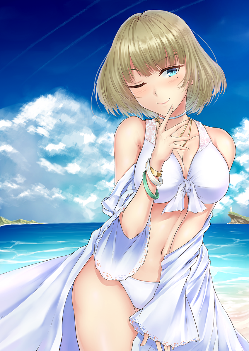 10s 1girl ;) beach bikini blonde_hair blue_eyes bracelet breasts clouds contrapposto cowboy_shot day finger_to_mouth front-tie_bikini front-tie_top highres idolmaster idolmaster_cinderella_girls jewelry large_breasts looking_at_viewer mole mole_under_eye navel necklace ocean one_eye_closed outdoors primamiya seductive_smile short_hair sky smile solo swimsuit takagaki_kaede white_bikini