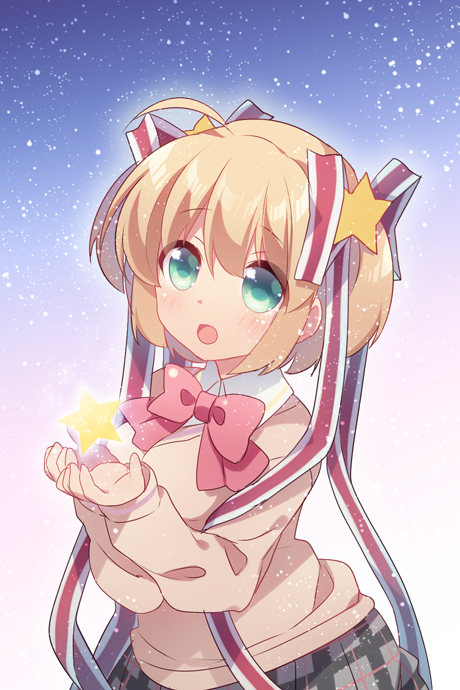 1girl blonde_hair blue_eyes bow cowboy_shot hair_ornament hair_ribbon hano_haruka kamikita_komari little_busters!! pink_bow plaid plaid_skirt red_ribbon ribbon school_uniform short_hair skirt solo_focus star star_hair_ornament sweater twintails