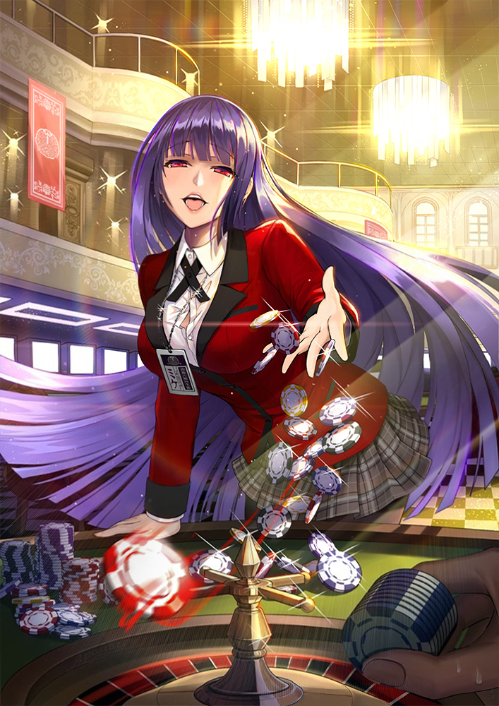 1girl ahegao apostate arm_support bangs black_legwear black_ribbon blazer blunt_bangs breasts casino chandelier checkered checkered_floor hime_cut indoors jabami_yumeko jacket kakegurui large_breasts lens_flare long_hair looking_at_viewer miniskirt motion_blur name_tag open_mouth pantyhose pleated_skirt poker_chip purple_hair red_eyes red_jacket ribbon roulette roulette_table school_uniform skirt smile solo solo_focus sweat tongue unbuttoned very_long_hair