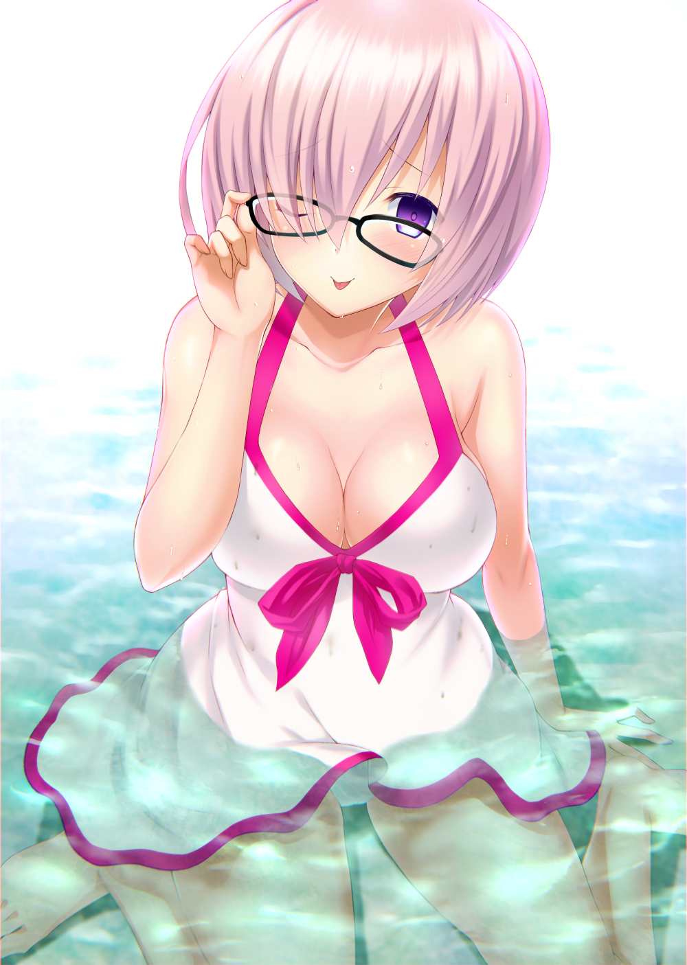 1girl ;p adjusting_glasses bare_arms bare_legs bare_shoulders barefoot black-framed_eyewear blush breasts cleavage collarbone dress emanon123 fate/grand_order fate_(series) glasses hair_over_one_eye highres large_breasts lavender_hair looking_at_viewer necktie one_eye_closed partially_submerged red_necktie shielder_(fate/grand_order) short_hair sitting smile solo tongue tongue_out violet_eyes wariza wet wet_hair white_dress
