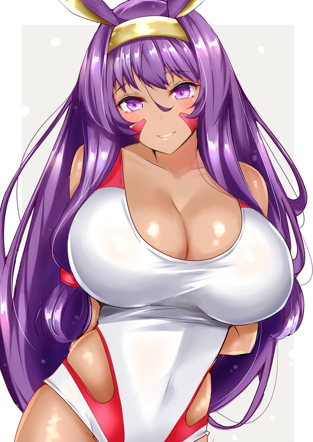 1girl animal_ears arms_behind_back bangs bare_arms blush breasts cleavage commentary_request covered_navel dark_skin facepaint grey_background hair_between_eyes hairband highres hips huge_breasts long_hair looking_at_viewer nitocris_(fate/grand_order) purple_hair rabbit_ears sankakusui shiny shiny_skin sidelocks smile solo swept_bangs swimsuit very_long_hair violet_eyes waist white_border white_swimsuit
