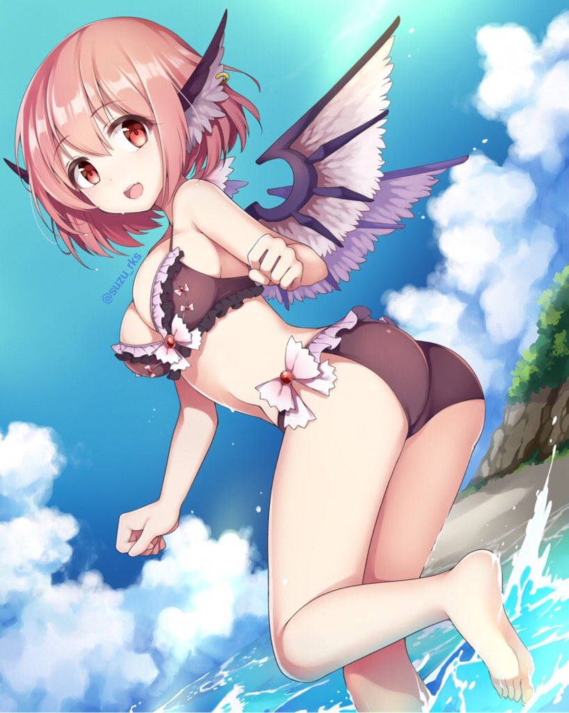 1girl animal_ears ass bare_arms barefoot bird_wings blue_sky breasts brown_bikini cleavage clouds cloudy_sky commentary_request day earrings jewelry medium_breasts mystia_lorelei open_mouth outdoors pink_hair red_eyes risui_(suzu_rks) short_hair sky smile solo summer touhou twitter_username wading water wings
