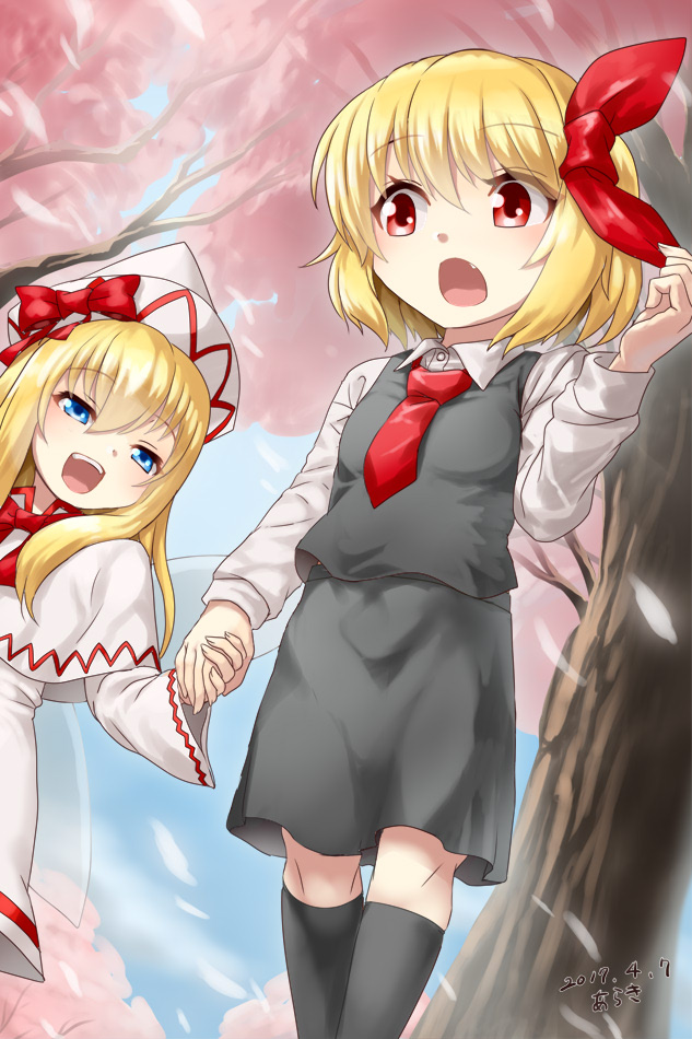 2girls :o araki_(qbthgry) blonde_hair blue_eyes cherry_blossoms dated dress fang hair_ribbon hand_holding hat kneehighs lily_white long_hair multiple_girls necktie red_eyes ribbon rumia shirt short_hair skirt touhou vest