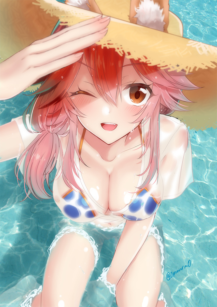 10s 1girl animal_ears aonegi bikini blue_bikini blush breasts cleavage collarbone ears_through_headwear fate/extra fate/grand_order fate_(series) fox_ears hat in_water large_breasts long_hair looking_at_viewer looking_up ocean one_eye_closed open_mouth outdoors pink_hair solo swimsuit tamamo_(fate)_(all) tamamo_no_mae_(swimsuit_lancer)_(fate) water wet wet_clothes wet_shirt wet_t-shirt yellow_eyes
