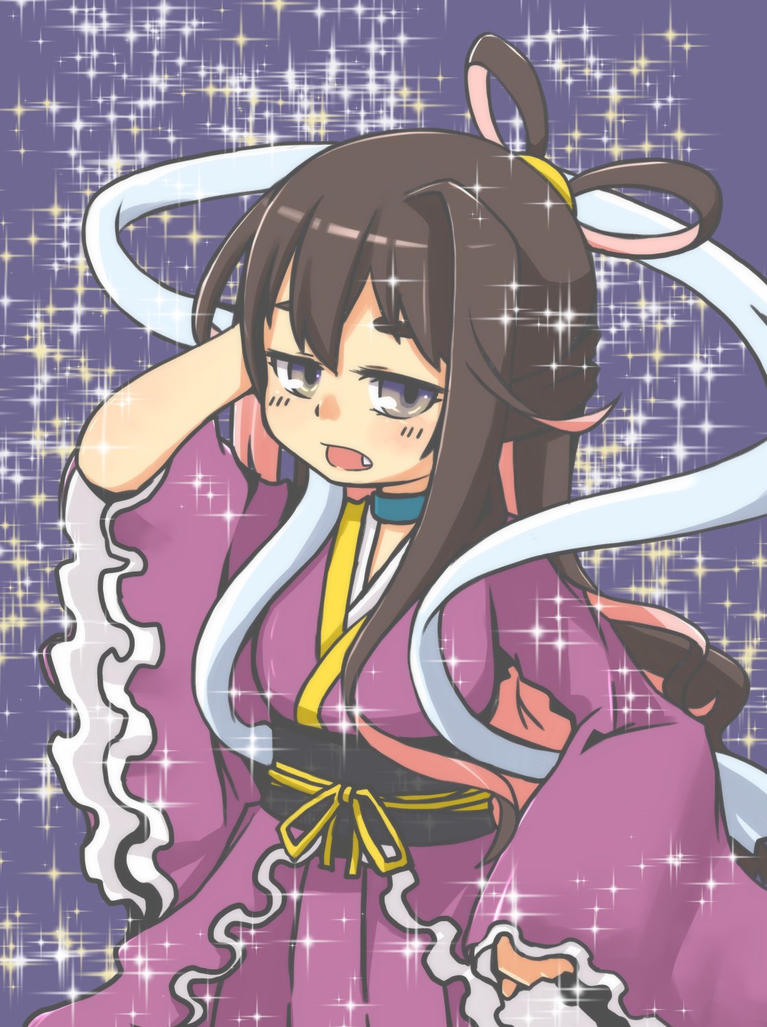 1girl alternate_costume alternate_hairstyle blue_background blue_eyes brown_hair choker cosplay fang frilled_kimono frills gradient_eyes hagoromo hair_rings hand_on_hip highres japanese_clothes kantai_collection kimono long_hair looking_at_viewer macbail multicolored multicolored_eyes multicolored_hair naganami_(kantai_collection) obi orihime orihime_(cosplay) pink_hair sash shawl solo sparkle sparkle_background two-tone_hair