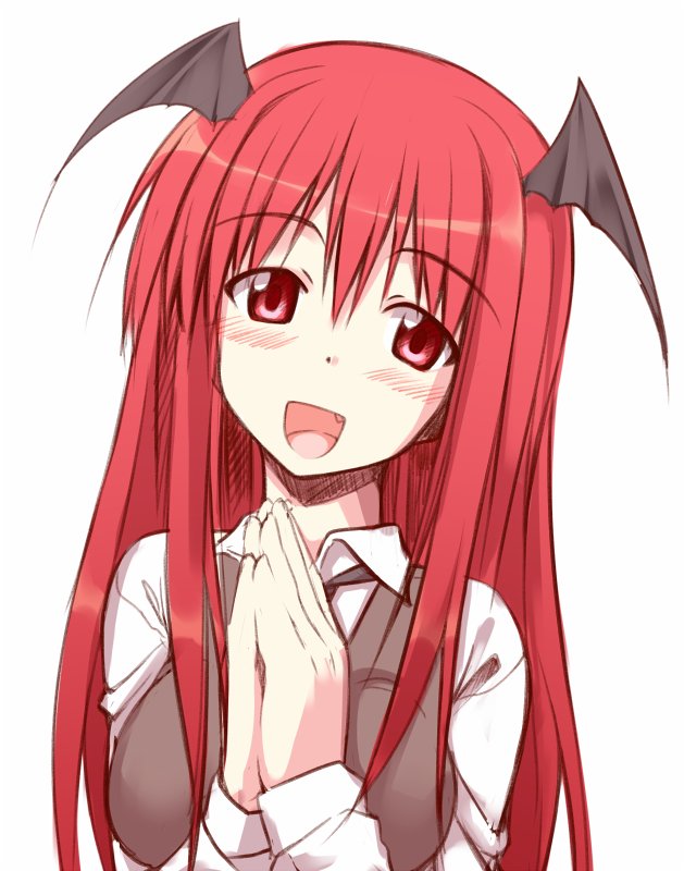 1girl :d bangs blush breasts collared_shirt eyebrows_visible_through_hair fang hair_between_eyes hands_clasped head_wings koakuma long_hair long_sleeves looking_at_viewer medium_breasts nirap open_mouth own_hands_together red_eyes redhead shirt sidelocks simple_background sleeveless smile solo touhou upper_body white_background white_shirt