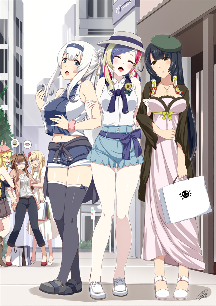 6+girls :d ahoge alternate_costume arm_hug bag beret black_eyes black_hair black_legwear blonde_hair braid brown_hair casual commandant_teste_(kantai_collection) commentary cosplay darkmaya french_braid grey_eyes hachimaki hair_tubes hairband hat headband iowa_(kantai_collection) jewelry kamoi_(kantai_collection) kantai_collection kobayashi-san_chi_no_maidragon kongou_(kantai_collection) long_hair mizuho_(kantai_collection) multicolored_hair multiple_girls navel necklace open_mouth quetzalcoatl_(maidragon) quetzalcoatl_(maidragon)_(cosplay) shopping_bag shorts smile streaked_hair sun_hat thigh-highs warspite_(kantai_collection) white_hair white_legwear zettai_ryouiki