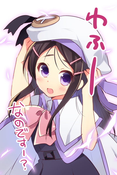 1girl beret black_hair bow cape charlotte_(anime) company_connection cosplay hano_haruka hat key_(company) large_buttons little_busters!! long_hair looking_at_viewer noumi_kudryavka noumi_kudryavka_(cosplay) otosaka_ayumi pink_bow school_uniform simple_background solo trait_connection violet_eyes white_background white_hat