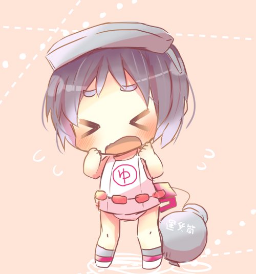 &gt;_&lt; 1girl bangs black_hair chibi closed_eyes diving_mask diving_mask_on_head fang full_body kantai_collection kouu_hiyoyo maru-yu_(kantai_collection) open_mouth parted_bangs school_swimsuit short_hair solo standing swimsuit wavy_mouth white_school_swimsuit white_swimsuit