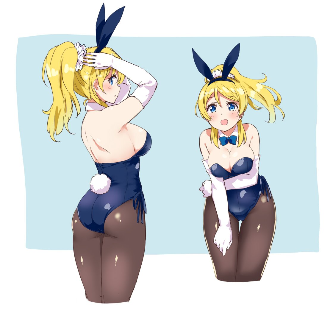 1girl animal_ears ass ayase_eli bare_shoulders black_legwear blonde_hair blue_bow blue_bowtie blue_eyes blue_leotard bow bowtie breasts bunny_tail bunnysuit cleavage cropped_legs detached_collar elbow_gloves fake_animal_ears gloves hair_ornament hair_scrunchie hairband kurokawa_makoto large_breasts leaning_forward leotard long_hair looking_at_viewer love_live! love_live!_school_idol_project multiple_views pantyhose rabbit_ears scrunchie shiny shiny_clothes smile standing tail thigh_gap white_gloves