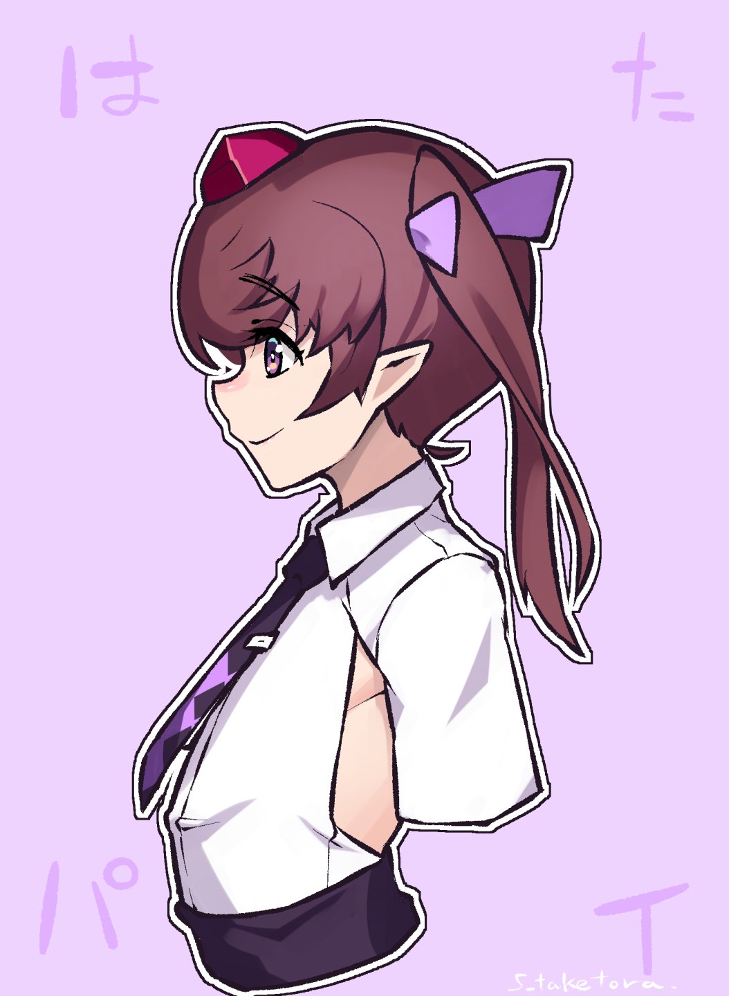 1girl brown_hair character_name closed_mouth collared_shirt flat_chest from_side hair_ribbon hat highres himekaidou_hatate long_hair necktie pointy_ears profile purple_necktie ribbon shirt short_sleeves smile solo taketora_suzume tokin_hat touhou twintails upper_body violet_eyes white_shirt