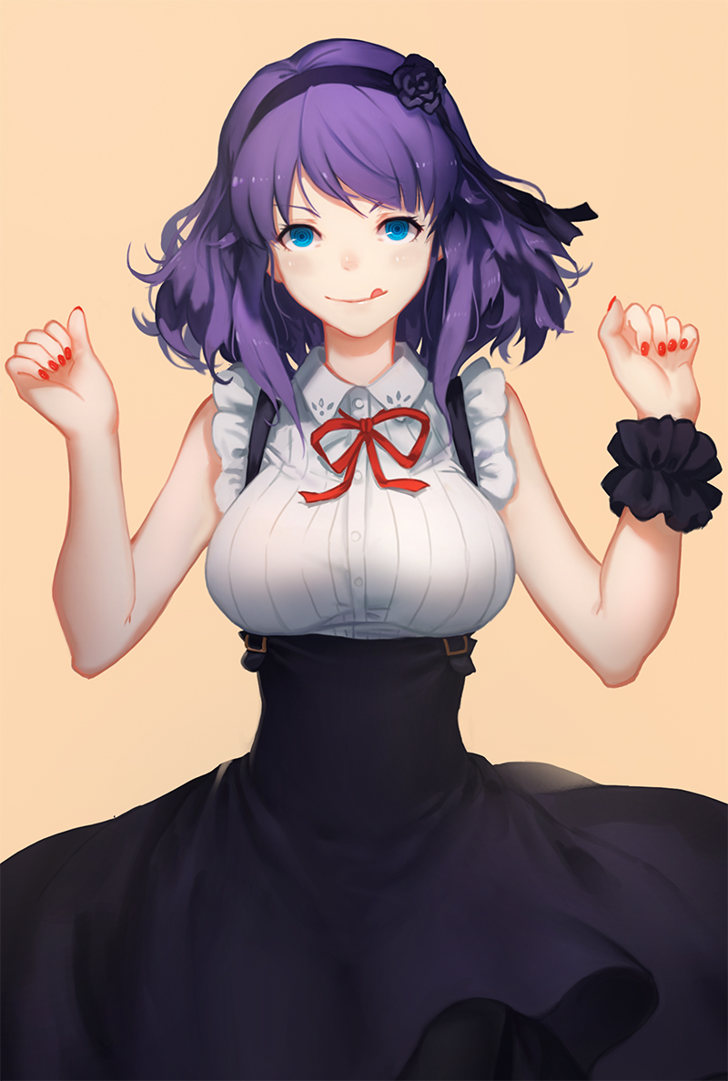 1girl black_legwear black_ribbon black_rose black_skirt blue_eyes breasts dagashi_kashi flower frills hair_flower hair_ornament hair_ribbon hairband high-waist_skirt large_breasts licking_lips looking_at_viewer minhoo nail_polish pantyhose purple_hair red_nails ribbed_shirt ribbon ringed_eyes rose scrunchie shidare_hotaru shirt short_hair skirt sleeveless sleeveless_shirt smile solo suspender_skirt suspenders tongue tongue_out wrist_scrunchie