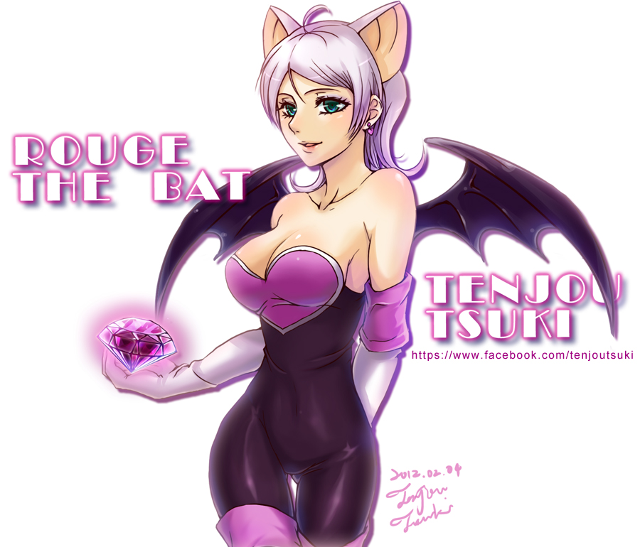 1girl ahoge animal_ears aqua_eyes arm_behind_back artist_name bare_shoulders bat_ears bat_girl bat_wings black_clothes black_unitard black_wings breasts character_name cleavage collarbone covered_navel cowboy_shot dated earrings elbow_gloves extra_ears female flipped_hair gem gloves gluteal_fold heart heart_earrings highres holding holding_gem humanization jewelry large_breasts lips looking_at_viewer multicolored multicolored_clothes neck open_mouth personification rouge_the_bat sega short_hair silver_hair simple_background smile solo sonic_the_hedgehog spread_wings standing strapless strapless_unitard tenjou_tsuki unitard white_background white_gloves wings