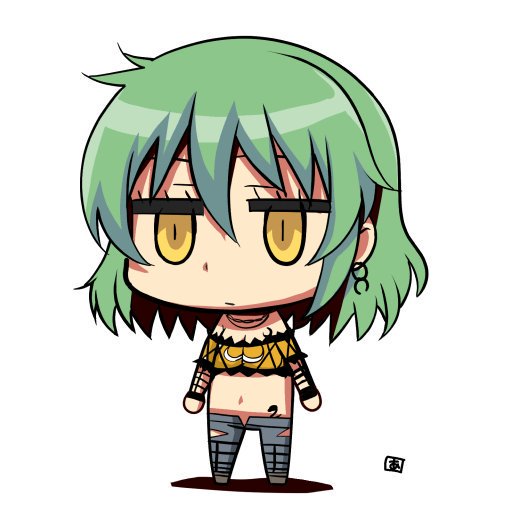 1girl :/ aoi_manabu bangs chibi closed_mouth crop_top denim earrings expressionless full_body green_hair hair_between_eyes hikage_(senran_kagura) jewelry jitome looking_at_viewer navel pants riyo_(lyomsnpmp)_(style) senran_kagura senran_kagura_(series) solo standing stomach torn_clothes torn_pants yellow_eyes