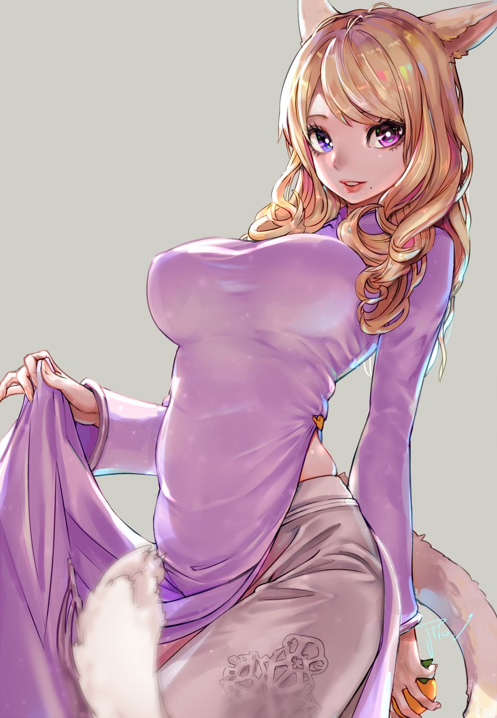 1girl animal_ears blonde_hair blue_eyes blush breasts cat_ears cat_tail character_request dress dress_lift grey_background heterochromia highres holding large_breasts lips long_hair looking_at_viewer mole mole_under_mouth open_mouth parted_lips potion_lilac(popopotionu) purple_dress simple_background skindentation smile solo tail violet_eyes wavy_hair