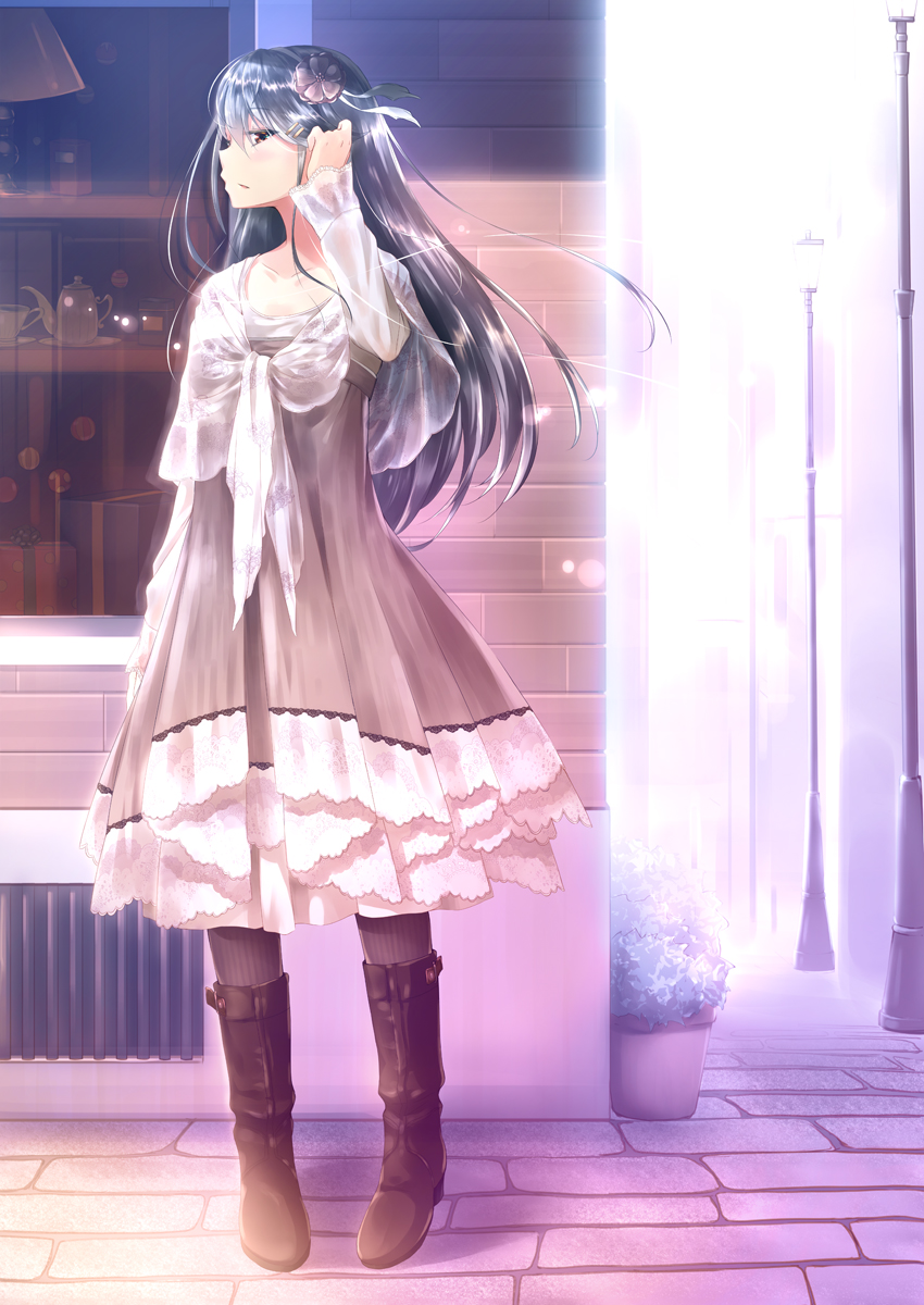 1girl adjusting_hair alternate_costume black_hair boots brown_eyes casual commentary_request full_body hair_ornament hairband hairclip haruna_(kantai_collection) highres kantai_collection knee_boots kochipu long_hair looking_at_viewer solo wind